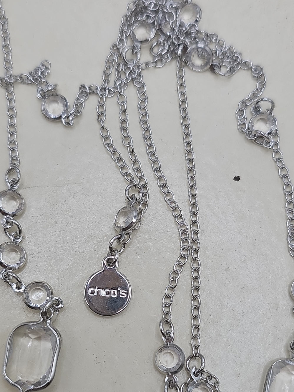 Chico's Silver Crystal Station Long Necklace